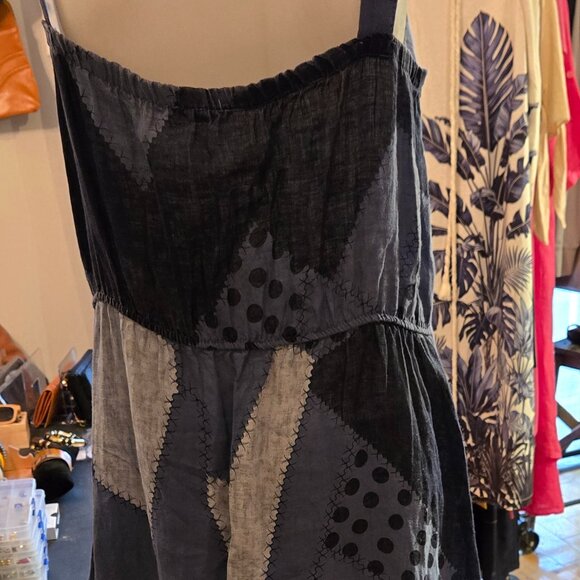 Blue Patchwork Long Linen Dress Large - Picture 2 of 6